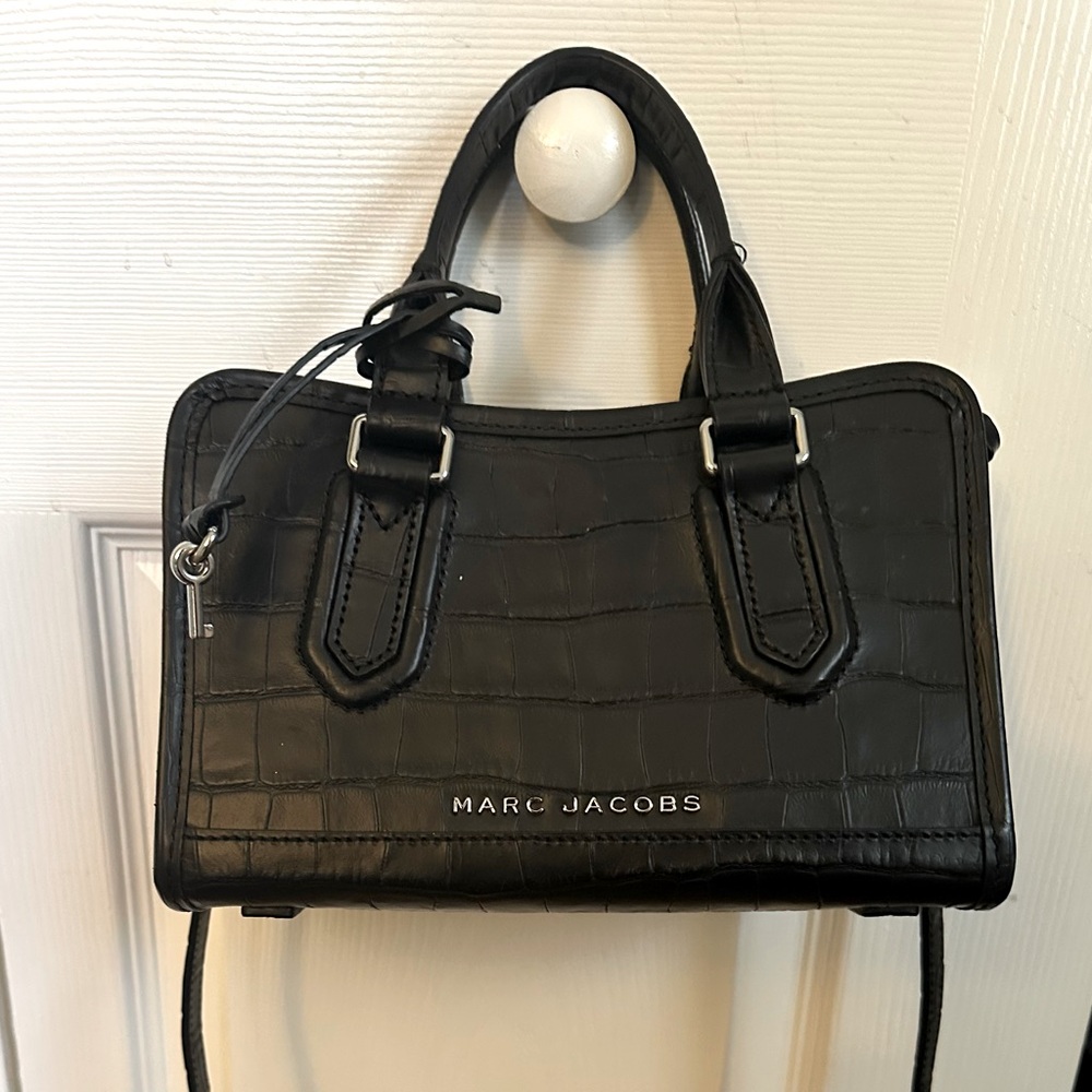 Marc Jacobs Black Croc-Embossed Drifter Satchel Bag Purse Silver Hardware Charm